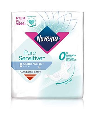 Nuvenia - Absorbente Pure Sensitive Ultra Noche con Alas - Superficie delicada para pieles sensibles - Paquete de 8 absorbentes