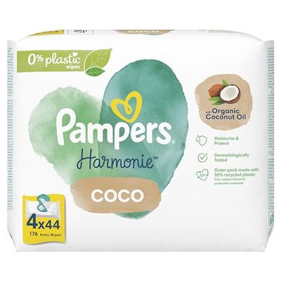 Pampers Harmonie Coco Baby Wipes Plastic Free 4 Packs = 176 Baby Wet Wipes