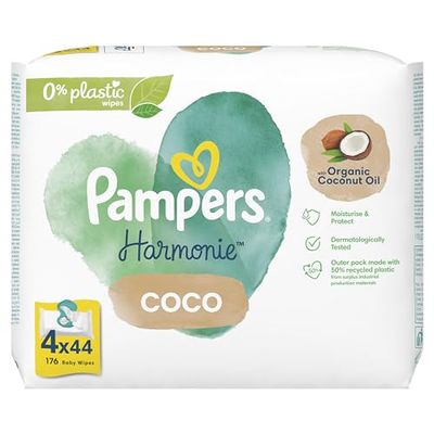 Pampers Harmonie Coco Baby Wipes Plastic Free 4 Packs = 176 Baby Wet Wipes