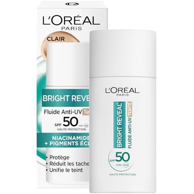 L'Oréal Paris - Fluido anti-UV SPF50+ - Bright Reveal - Tinta unificata e Pelle Brillante - Copertura Leggera - Formulazione anti-macchia e anti imperfezioni - Tonalità: trasparente - 50 ml