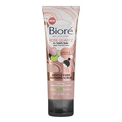 Bioré Rose Quartz and Charcoal Gentle Pore Refining Face Scrub for Oily Skin, 110 ml