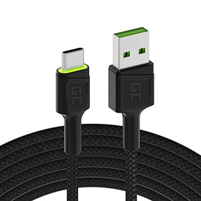 Green Cell GC Ray LED | 2m USB C Cable Type C Nylon Cord Wire | for Samsung Galaxy S21 S20 Ultra S10 S9 S8+ | Note 20 10 9 8 | A80 A71 A70 A50 A42 A41 A31 | Huawei Honor P40 P30 P20 P10 P9 Lite | Black, USB-C 200cm