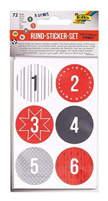folia 15490 Adventskalender cijfers, 72 ronde stickers, 3 x 4 vellen, 3 verschillende stijlen, voor het nummeren van je zelfgemaakte adventskalender