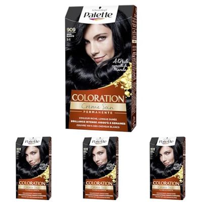 Schwarzkopf Palette, Coloration Permanente Cheveux, Crème Soin, Couvre 100 pour cent des Cheveux Blancs, Tenue 8 semaines, Noir Bleuté 909, 1 Unité (Lot de 4)