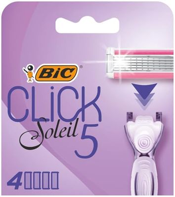 Bic Click 5 Soleil Women's Razor Refills, 3 Moveable Blades and Lubricating Strip - Box of 4 Cartridges, Purple
