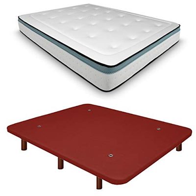 DUÉRMETE ONLINE Base tapissée 3D renforcée Anti-Bruit + Matelas viscoélastique Bio Max Pieds en Bois Couleur Wengé Rouge 90 x 190 cm