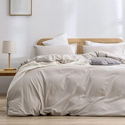 BESTOUCH Påslakanset i 100% tvättat bomullslinne, känns supermjukt, bekvämt, elegant och lätt, 3-delat bäddset för hemmet, enfärgad linnegrå nyans, Queen size