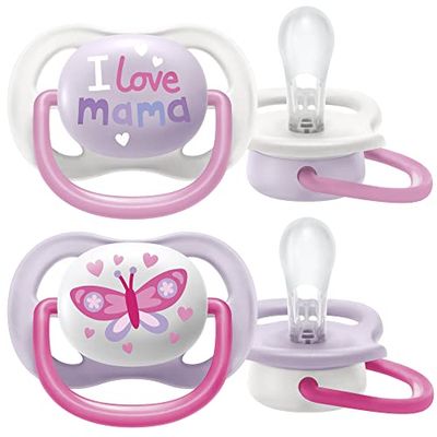 Ultra Air Philips Avent fopspeen voor kinderen van 0 tot 6 maanden, orthodontisch en zonder bisfenol A, 2 stuks, incl. sterilisator/draagtas SCF080/02