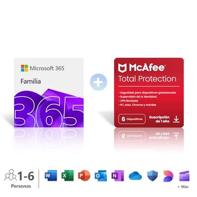 Microsoft 365 Familia | 12 meses | 6 personas | Hasta 6 TB de almacenamiento Onedrive | Apps Office con IA + McAfee Total Protection │ 6 Dispositivos | Código de activación por email