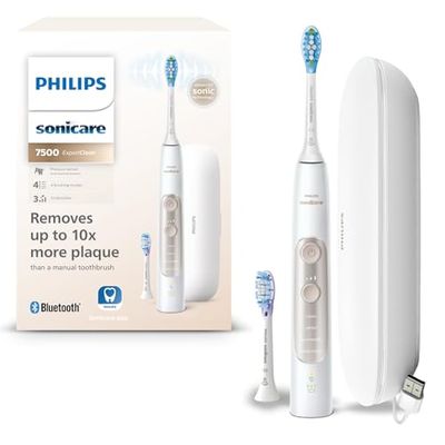 Philips Sonicare ExpertClean 7500 - Brosse à dents électrique avec application, 4 modes de brossage et 3 niveaux d'intensité, Capteur de pression, Blanc-Or, HX9691/02