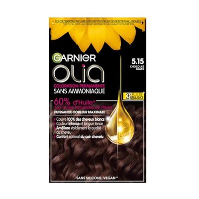Garnier Coloration Permanente, Sans Ammoniaque, Aux Huiles Naturelles de Fleurs, Chocolat Glacé (5.15), Olia