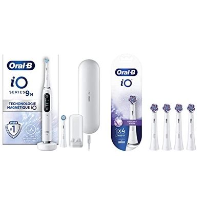 Oral-B iO 9N Brosse À Dents Électrique Blanche connectée Bluetooth, 2 Brossettes, 1 Étui De Voyage Chargeur & iO Radiant White Brossettes, Lot De 4