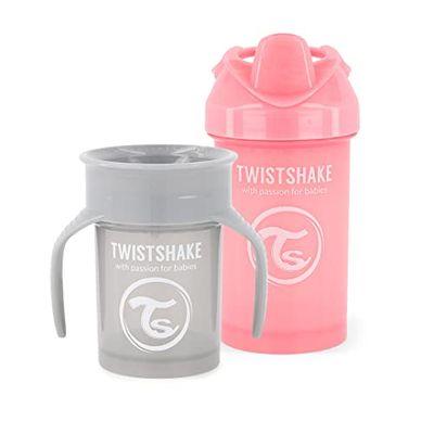 Twistshake Spillfri 360-Mugg + Crawler Cup | 1x 360-Mugg + 1x Crawler Cup | Spillfria Sipmuggar | BPA-Fria Pipmuggar | Träningsmuggar | Träningsmuggar För Småbarn | Grå Rosa
