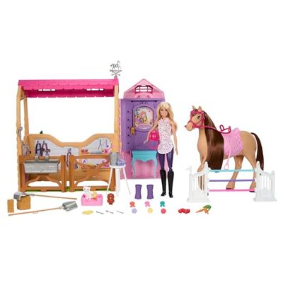 Barbie-lekset med leksaksstall, docka, häst och tillbehör, mer än 25 delar och 6 lekområden, inspirerat av Barbiemysterier: Den stora hästjakten, JDN43