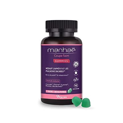 Manhaé - Gummies Coupe Faim sans Sucres - Complément Alimentaire Minceur - Coupe Faim, Satiété, Perte de Poids et Métabolisme - Guarana, Chrome, Caroube - 60 Gummies - 1 Mois - Vegan