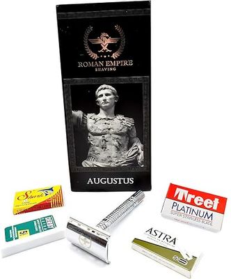 Augustus Double Wire Safety Razor by Roman Empire Shaving | Classic Razor | Safety Razor | Steel Razor with Set of 20 Shaving Blades with Set of 20 Blades (Astra-Derby-Shark-Voskhod)