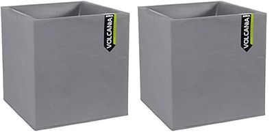 EDA - Pot Carré 40 cm Volcania 31 L - Décor Imitation Pierre - Double Paroi - Zone de Rétention d'eau - 39,5 x 39,5 x 43,5 cm - Gris Galet (Lot de 2)