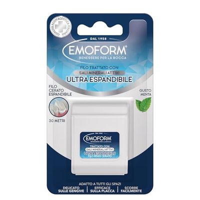 Emoform Filo Interdentale Cerato Ultra Espandibile - Trattato con Sali Minerali e Menta, 30mt - Delicato sulle Gengive con Scorrevolezza Ottimale per una Pulizia dei Denti Profonda.