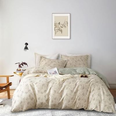 AMWAN Boho-påslakan, king mjuk bomull, blommigt estetiskt sängklädesset, vintage, trädgårdstäcke, 1 king påslakan med 2 örngott, elegant botaniskt påslakan med dragkedja