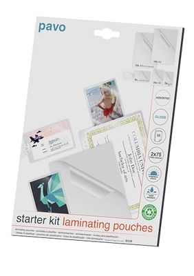 Pavo - Fundas para plastificar Pack de 55, 2x75 Mic, Starter Kit, Varios Tamaños, 8030729