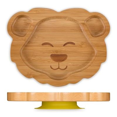 Relaxdays Babytallrik med sugkopp, bambu, motiv lejon, halkfri, BPA-fri, tilläggskost, uppdelad barntallrik, natur