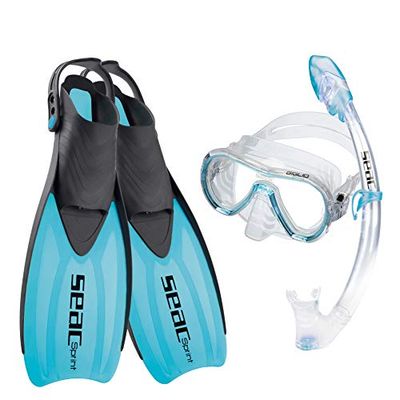 SEAC Sprint Dry Set Snorkeling con Pinne a Cinghiolo Regolabile, Maschera e Snorkel con Dry Top Unisex Adulto Blu 42/44