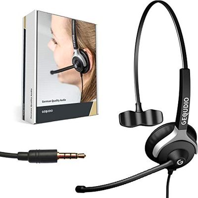 GEQUDIO Headset with 3.5 mm Jack Compatible with FritzFon C6, MacBook, Smartphone, Speedphone, Notebook, PC, Laptop - Headphones & Microphone with Replacement Padding - Light 60 g (1-Ear)