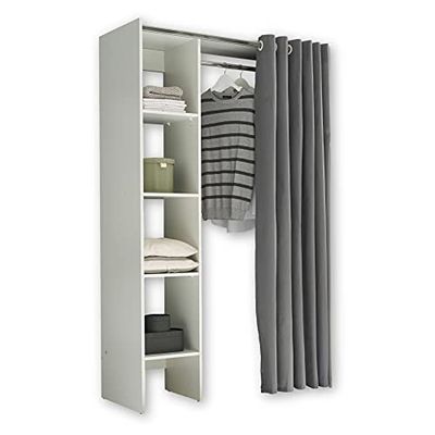 Stella Trading Jenke Armoire Dressing Réglable et Polyvalente, avec Rideau en Tissu, Aménagement Intérieur Astucieux, Blanc, Dimensions (l x H x P) 120-157 x 195 x 50 cm