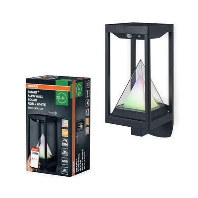 OSRAM SMART+ ALPS applique solare da esterno Bluetooth con sensore, luce bianca calda (3000K) e colorata, senza alimentazione, fino a 2,5 ore al 100% di luce, ricaricabile con cavo USB-C, IP44