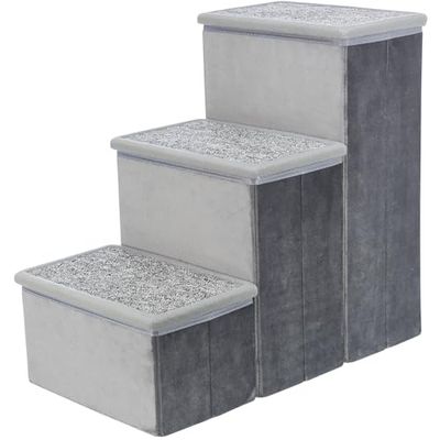 Trixie Huisdierentrap bekleed met velours van 3 treden met opslagruimte, inklapbaar, opbergvakken voor huisdierspeelgoed, grijs