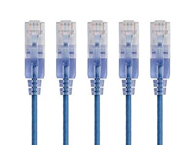 Monoprice SlimRun Series 115130 Cabo de conexão Ethernet Cat6A de 3 pés - azul, cabo de internet de rede - RJ45, 550 MHz, UTP, cabo de cobre puro np, 10G, 30 AWG, embalagem de 5