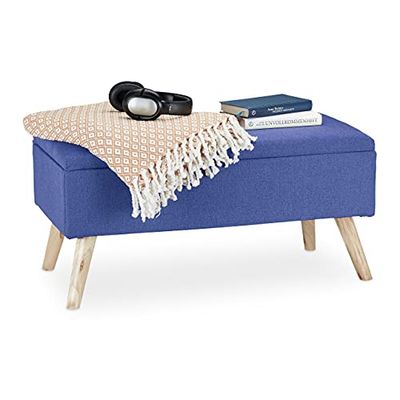 Relaxdays Banc de Rangement, rembourré, Pieds en Bois, Coffre avec revêtement en Tissu 39,5 x 79,5 x 39 cm, Bleu