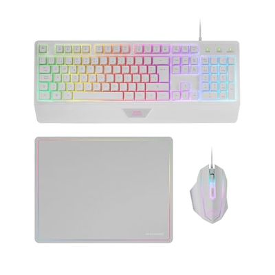 Mars Gaming MCP124, Combo Gaming 3en1, Teclado Ergonómico H-Mech LED RGB, Ratón RGB 3200DPI Switches HUANO, Alfombrilla Nanotextil 360x260mm, Compatibilidad Multiplataforma, Layout Portugués, Blanco