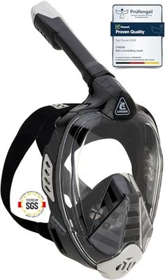 CRESSI Bali Full Face Mask Black/Grey S/M - Snorkelmask Unisex Integral, Bred Klar Sikt, Anti fog system, Lätt att Andas, Torrsnorkel med Flytventil, Justerbar Rem, Svart/Grå, S/M