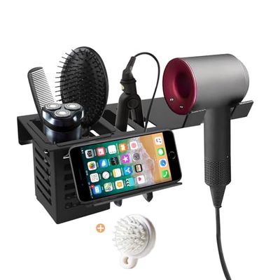 Blow Dryerand Straightener Holder,Yimerlen Hair Dryer Holder Wall Mounted Hair Tools Organizer,Bathroom Ultifunctional Hair Dryer Holder, Hair Straighteners Holder (Black,with Mobile Phone Holder)