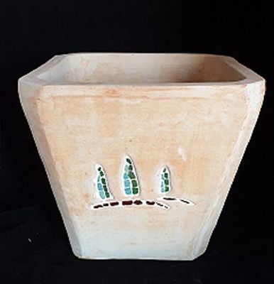 VASI QUADRATI IN TERRACOTTA CON MOSAICI (SET 3 PEZZI) VASO GRANDE LATO CM.46 X 46, ALTEZZA CM.41; MEDIO LATO CM. 36 X 36, ALT. CM. 33; PICCOLO LATO CM.24 X 24, ALT. CM.23