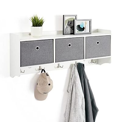 Mondeer Kapstok met plank, opbergeenheid wandmontage met 3 manden en 5 haken, houten moderne stijl voor hal, entree, woonkamer, B 98 x H40 x D22 cm, wit