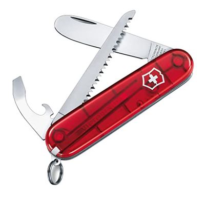 Victorinox, My First Victorinox, Coltellino Svizzero, Originale, Multiuso, Campeggio, 9 Funzioni, Lama, grande with rounded tip, Apriscatole, Rosso trasparente