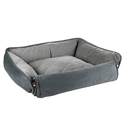 Huisdier hond, puppy & kat slaapbank, klein warm, knus grijs hondenbed met gewatteerde pluche innerlijke & uitroldeken - 60x50x18cm