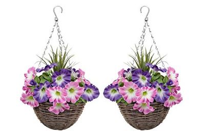 GreenBrokers Lot de 2 paniers Suspendus Ronds artificiels en rotin Rose et Violet