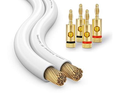 conecto CC50601 Câble audio pour haut-parleurs Ultraflex, Ø 2x1,50mm² (99,9% OFC 189x0,10mm brin), 15,0m, blanc, Set avec 4 fiches bananes