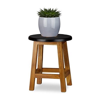 Relaxdays bloemenkruk, sterrenmotief, rond, 4-benig, terras, balkon, nerf, teakhout, HBT 35x30x30cm, natuur/zwart