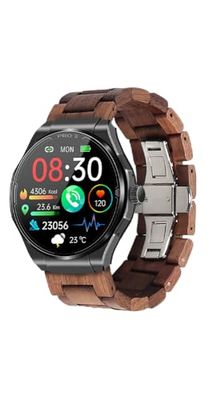 Knauermann Pro 3 (2024) Plata - Reloj de Salud Smartwatch con función de telefonía - Función ECG + HRV y SOS - Pantalla AMOLED - BT Bluetooth - Apnea del sueño - Banda de Madera auténtica marrón