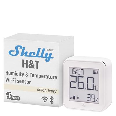 Shelly H&T Gen 3 Marfil - Termómetro Higrómetro Wi-Fi & Bluetooth, Medidor Inalámbrico De Temperatura Y Humedad, Almacenamiento De Datos, Control Remoto Por App, Bateria Larga Duración o USB