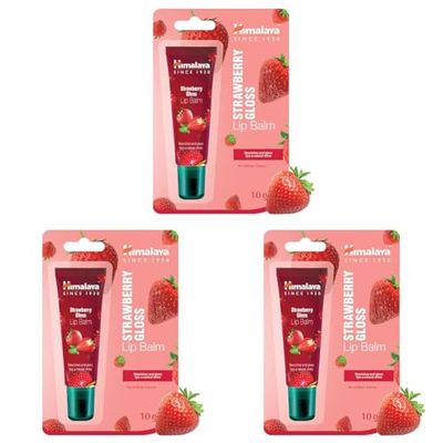 Himalaya Lip Balm Strawberry Gloss Tube Glossy Shine for Delicate Tint 10g, red (Pack of 3)