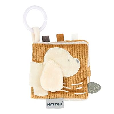 Nattou Libro de juegos infantil de algodón y poliéster, Perro Charlie, Con estupendas actividades, Aprox. 12 x 12 cm, Vegano, Algodón/poliéster, Marrón