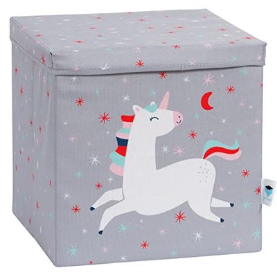 LOVE IT STORE IT - Cube de Rangement 33x33x33 cm - Tissu Ultra Résistant avec Couvercle - Renforcement Bois - Pliable - Motif Licorne - Chambre Enfant, Étagère Cube