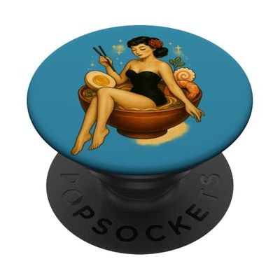 Arte gastronómico retro japonés con forma de cuenco de fideos Ramen Pin-Up Girl PopSockets PopGrip Adhesivo