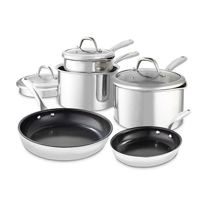 GF900276 Good Food in Partnership with Tower Tri-Ply 5 Piece Cookware Set with 16cm, 18cm & 20cm Saucepans with Tempered Glass Lids, 20cm & 28cm Frying Pans, Stainless Steel