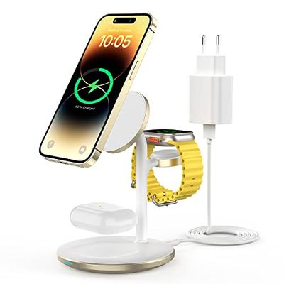 Station de Charge inductive 3 en 1, Chargeur sans Fil, Compatible avec Le Chargeur Mag Safe pour iPhone 14/12/11/Pro/Max, Apple Watch 7/6/5/4/3/2/SE, AirPods 3/2/Pro